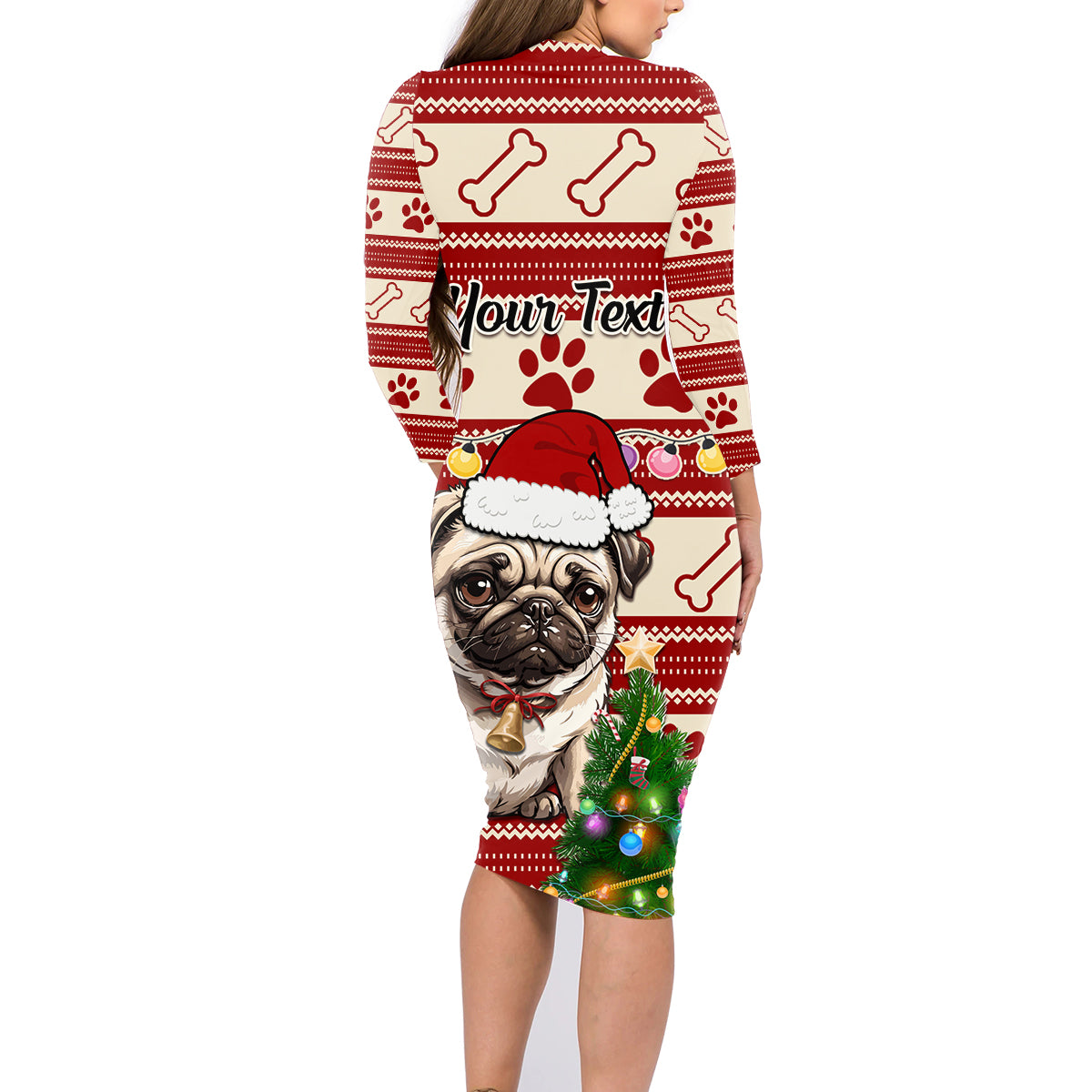 Custom Dog Christmas Family Matching Long Sleeve Bodycon Dress and Hawaiian Shirt Cute Pug Dog With Xmas Tree - Wonder Print Shop