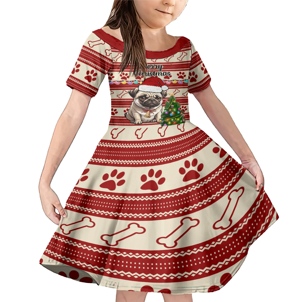 Custom Dog Christmas Family Matching Mermaid Dress and Hawaiian Shirt Cute Pug Dog With Xmas Tree - Wonder Print Shop