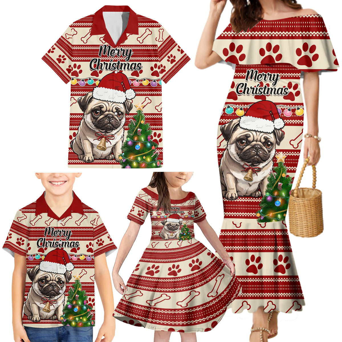 Custom Dog Christmas Family Matching Mermaid Dress and Hawaiian Shirt Cute Pug Dog With Xmas Tree - Wonder Print Shop