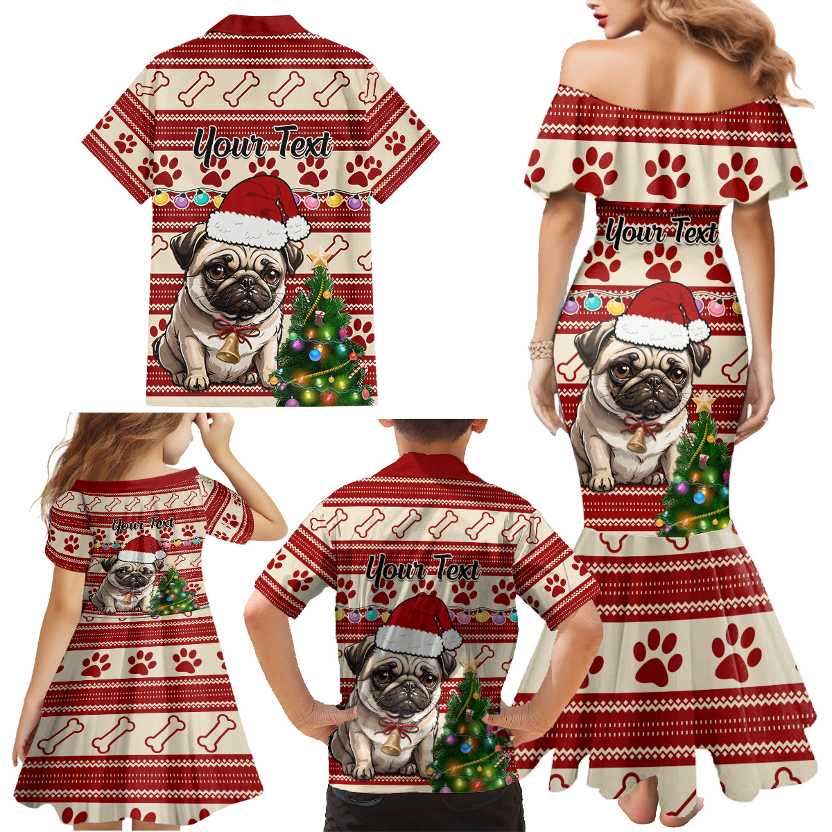 Custom Dog Christmas Family Matching Mermaid Dress and Hawaiian Shirt Cute Pug Dog With Xmas Tree - Wonder Print Shop