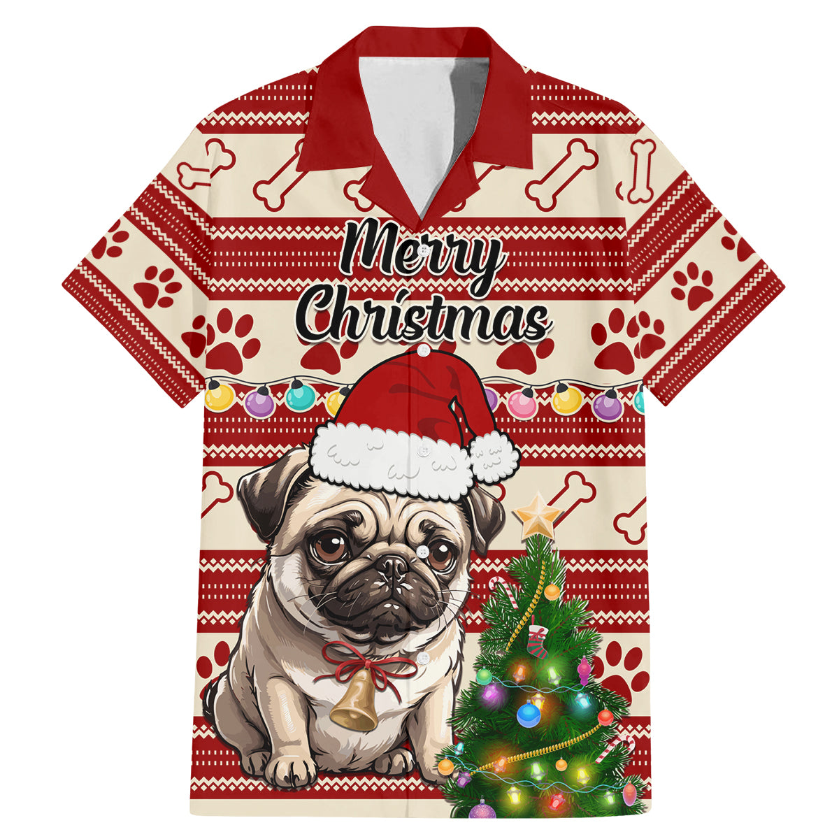 Custom Dog Christmas Family Matching Mermaid Dress and Hawaiian Shirt Cute Pug Dog With Xmas Tree - Wonder Print Shop