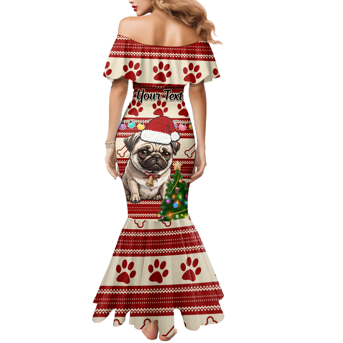 Custom Dog Christmas Family Matching Mermaid Dress and Hawaiian Shirt Cute Pug Dog With Xmas Tree - Wonder Print Shop