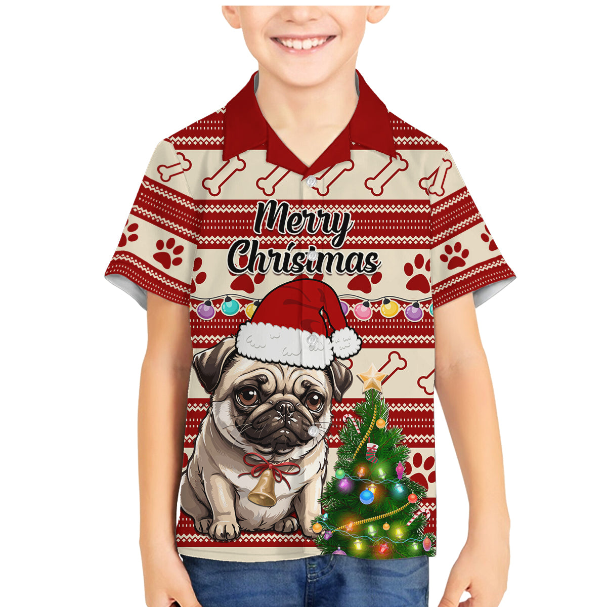Custom Dog Christmas Family Matching Mermaid Dress and Hawaiian Shirt Cute Pug Dog With Xmas Tree - Wonder Print Shop