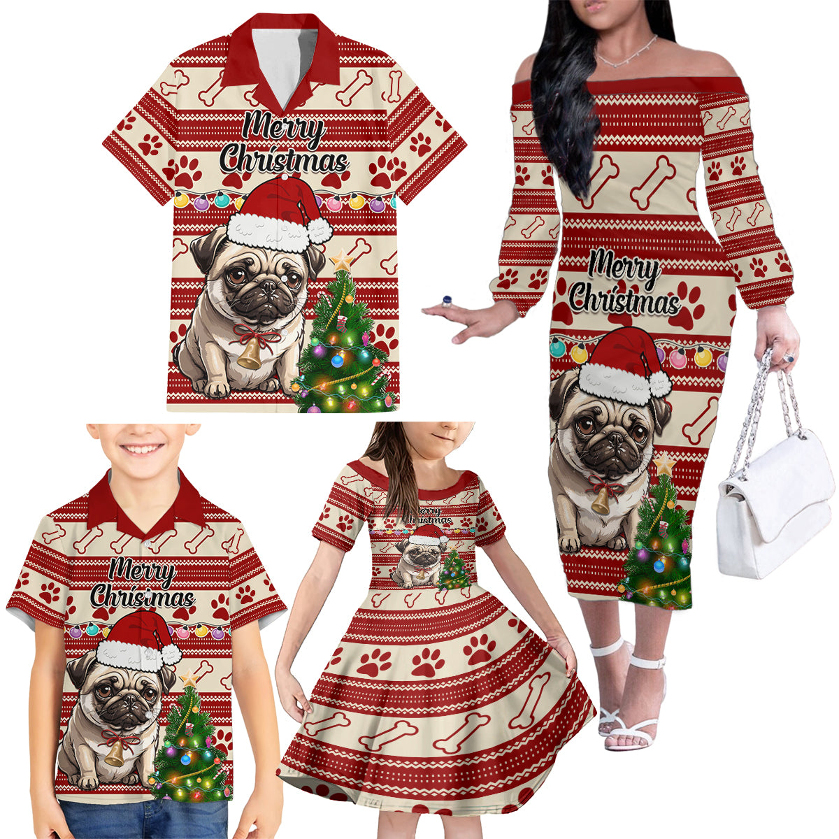 Custom Dog Christmas Family Matching Off Shoulder Long Sleeve Dress and Hawaiian Shirt Cute Pug Dog With Xmas Tree - Wonder Print Shop