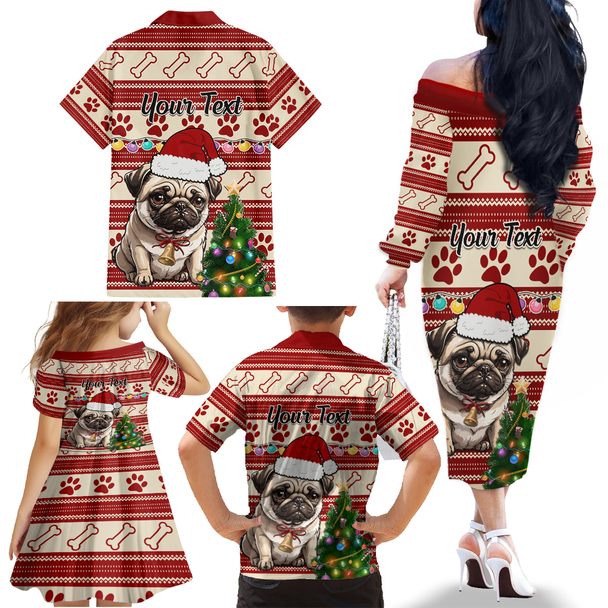 Custom Dog Christmas Family Matching Off Shoulder Long Sleeve Dress and Hawaiian Shirt Cute Pug Dog With Xmas Tree - Wonder Print Shop