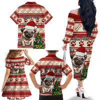 Custom Dog Christmas Family Matching Off Shoulder Long Sleeve Dress and Hawaiian Shirt Cute Pug Dog With Xmas Tree - Wonder Print Shop