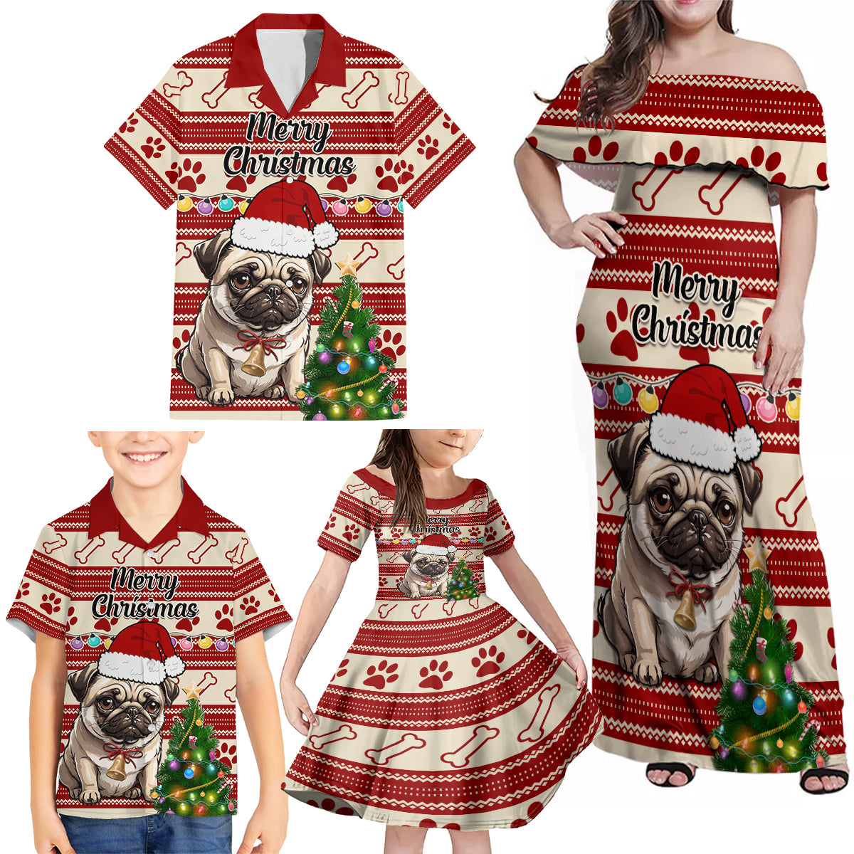 Custom Dog Christmas Family Matching Off Shoulder Maxi Dress and Hawaiian Shirt Cute Pug Dog With Xmas Tree - Wonder Print Shop