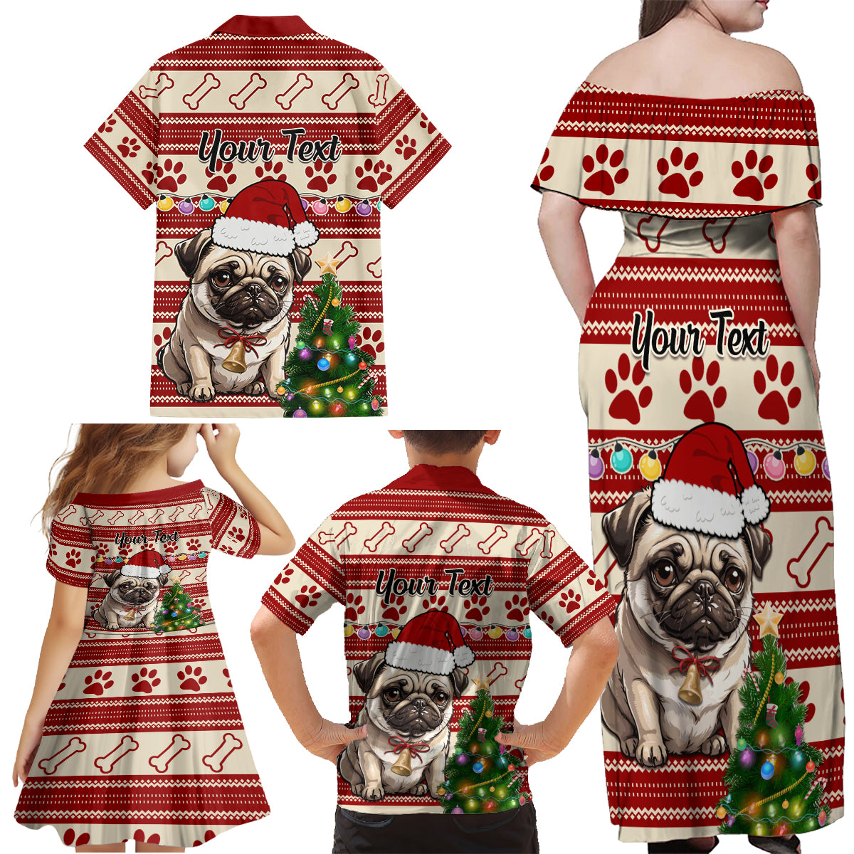 Custom Dog Christmas Family Matching Off Shoulder Maxi Dress and Hawaiian Shirt Cute Pug Dog With Xmas Tree - Wonder Print Shop