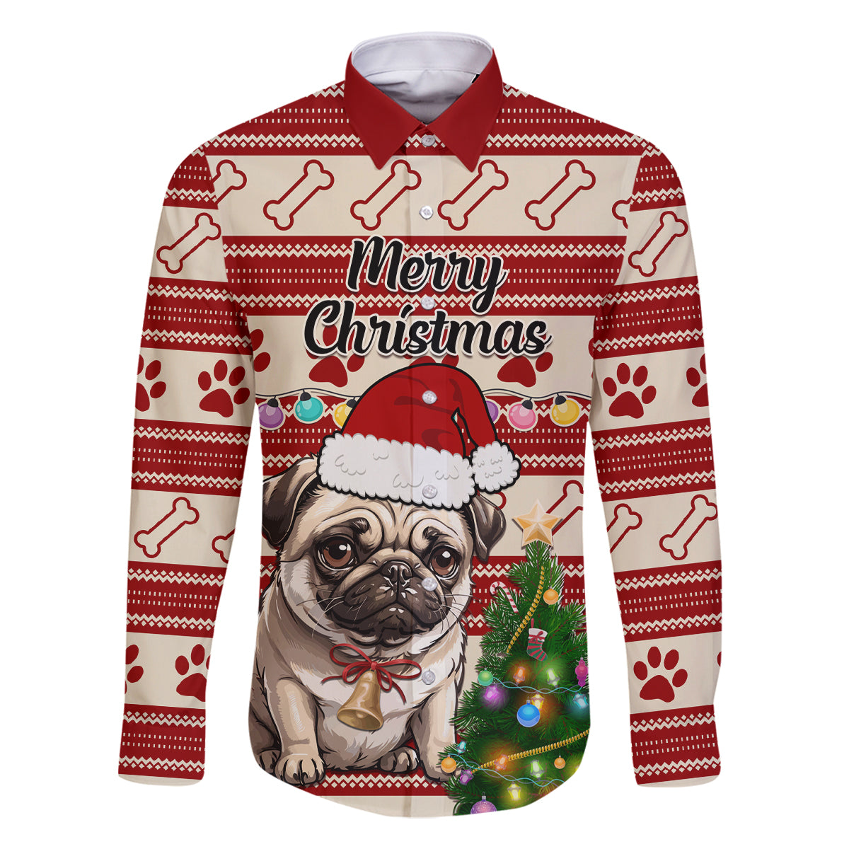 Custom Dog Christmas Family Matching Off Shoulder Maxi Dress and Hawaiian Shirt Cute Pug Dog With Xmas Tree - Wonder Print Shop