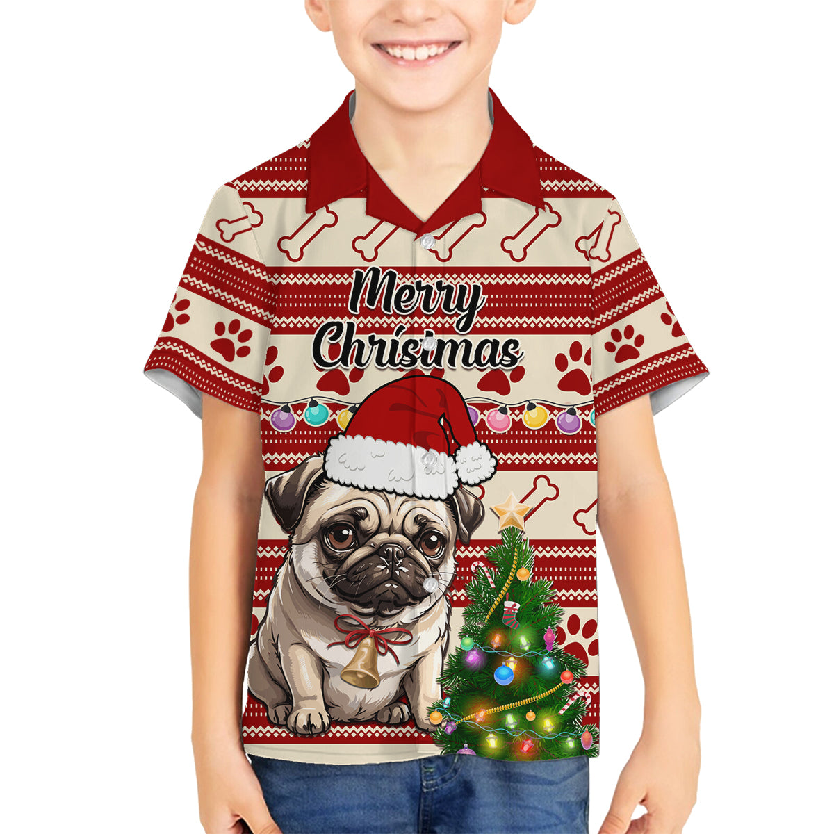 Custom Dog Christmas Family Matching Off Shoulder Maxi Dress and Hawaiian Shirt Cute Pug Dog With Xmas Tree - Wonder Print Shop