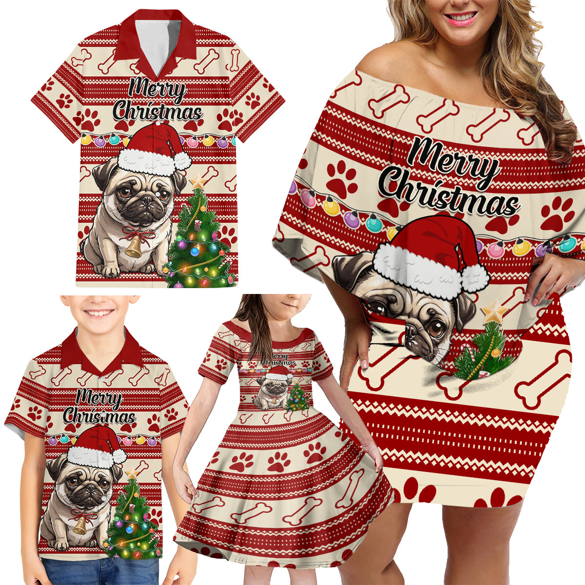 Custom Dog Christmas Family Matching Off Shoulder Short Dress and Hawaiian Shirt Cute Pug Dog With Xmas Tree - Wonder Print Shop