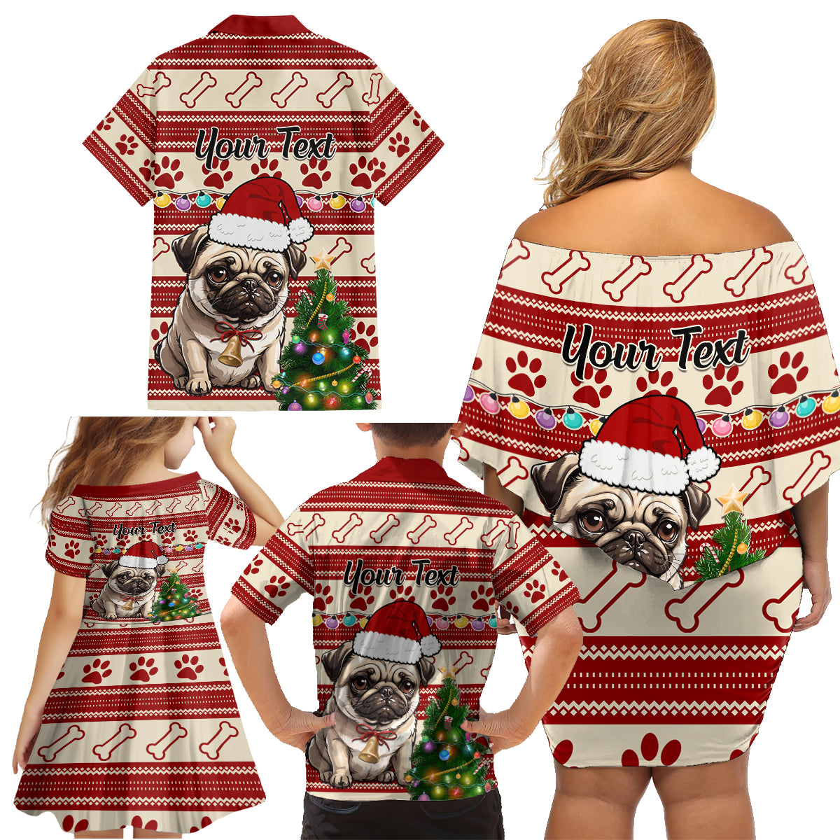 Custom Dog Christmas Family Matching Off Shoulder Short Dress and Hawaiian Shirt Cute Pug Dog With Xmas Tree - Wonder Print Shop