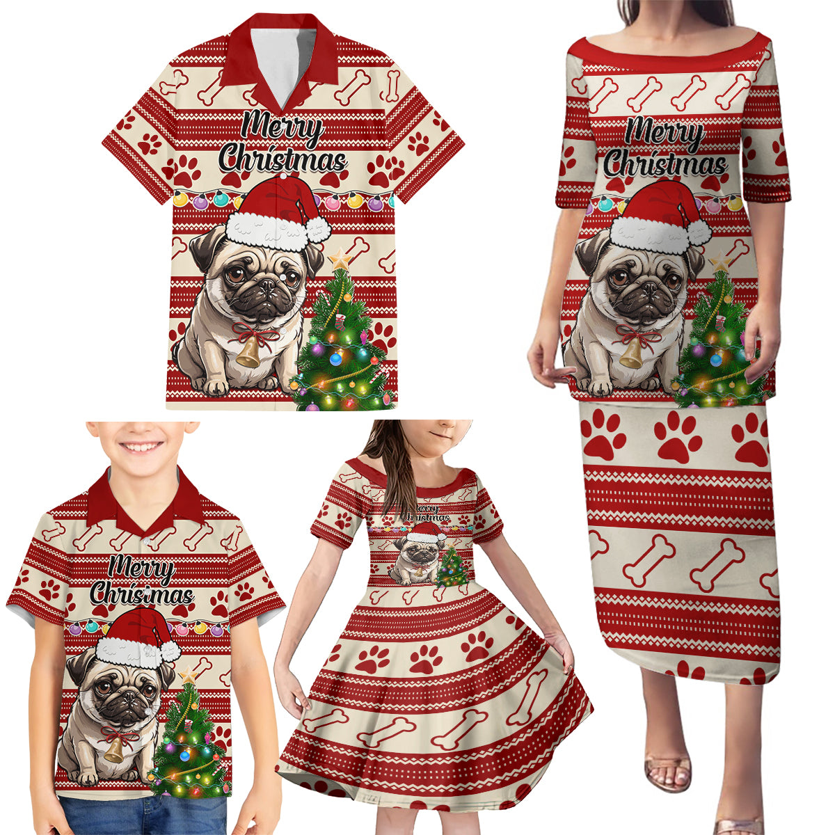 Custom Dog Christmas Family Matching Puletasi Dress and Hawaiian Shirt Cute Pug Dog With Xmas Tree - Wonder Print Shop