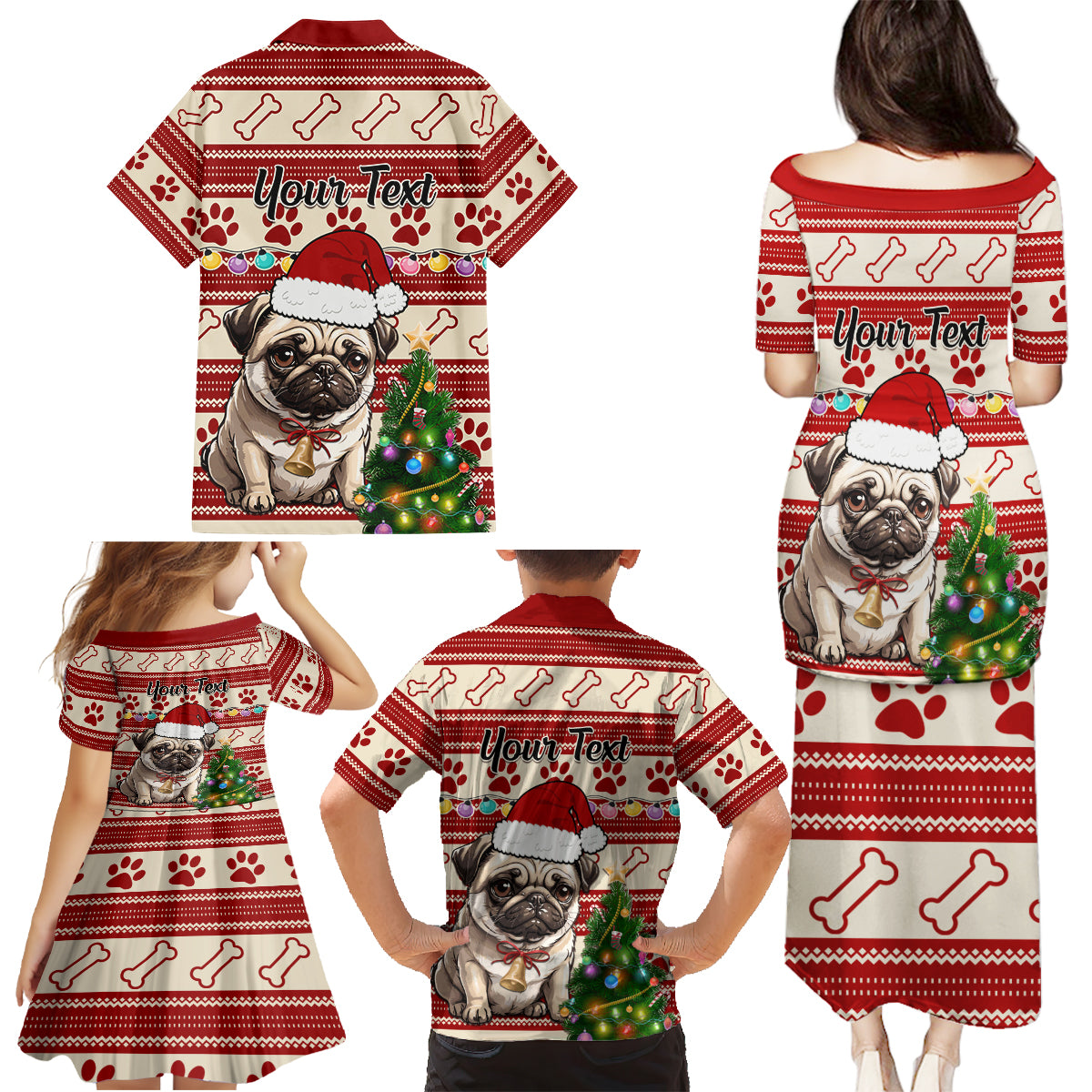 Custom Dog Christmas Family Matching Puletasi Dress and Hawaiian Shirt Cute Pug Dog With Xmas Tree - Wonder Print Shop