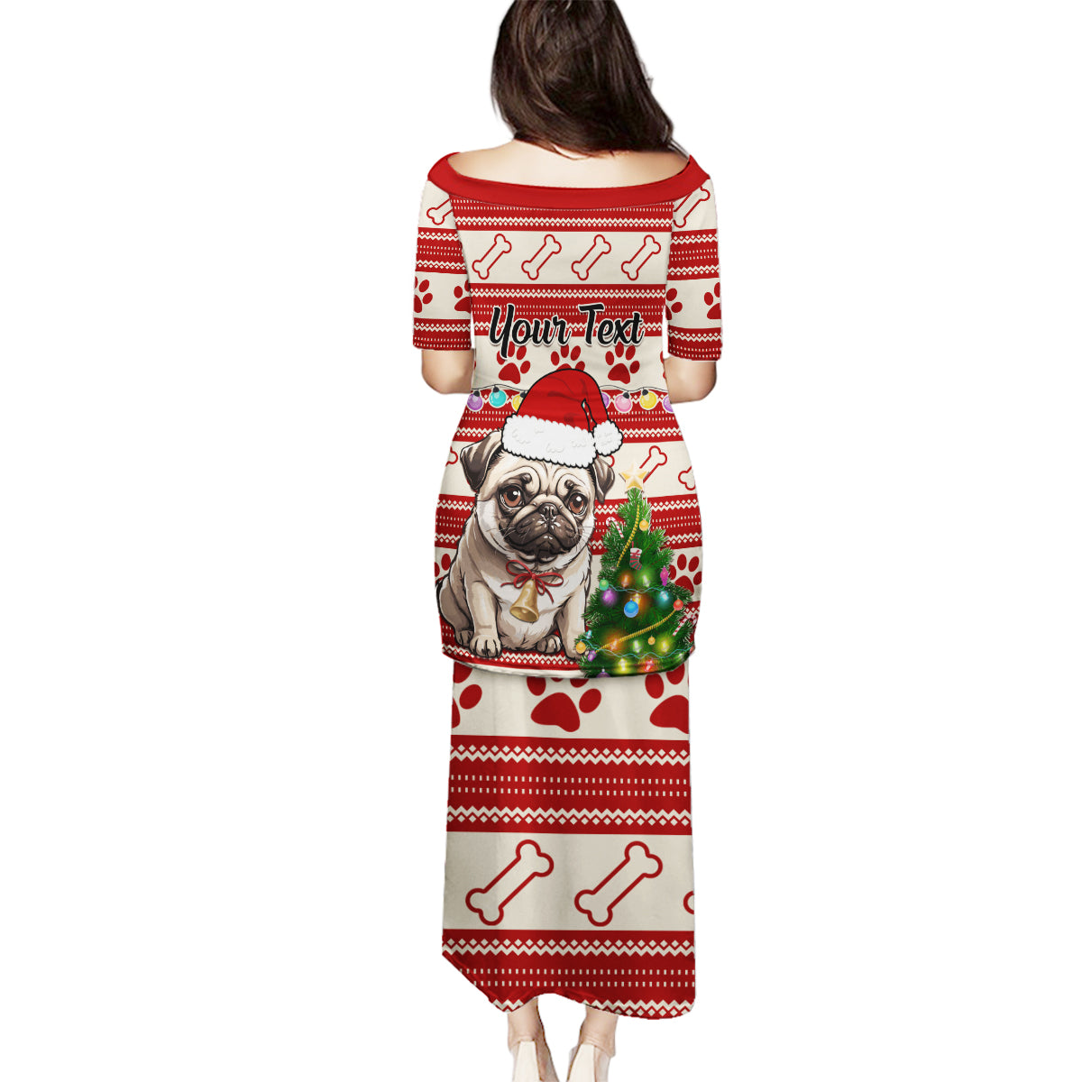 Custom Dog Christmas Family Matching Puletasi Dress and Hawaiian Shirt Cute Pug Dog With Xmas Tree - Wonder Print Shop