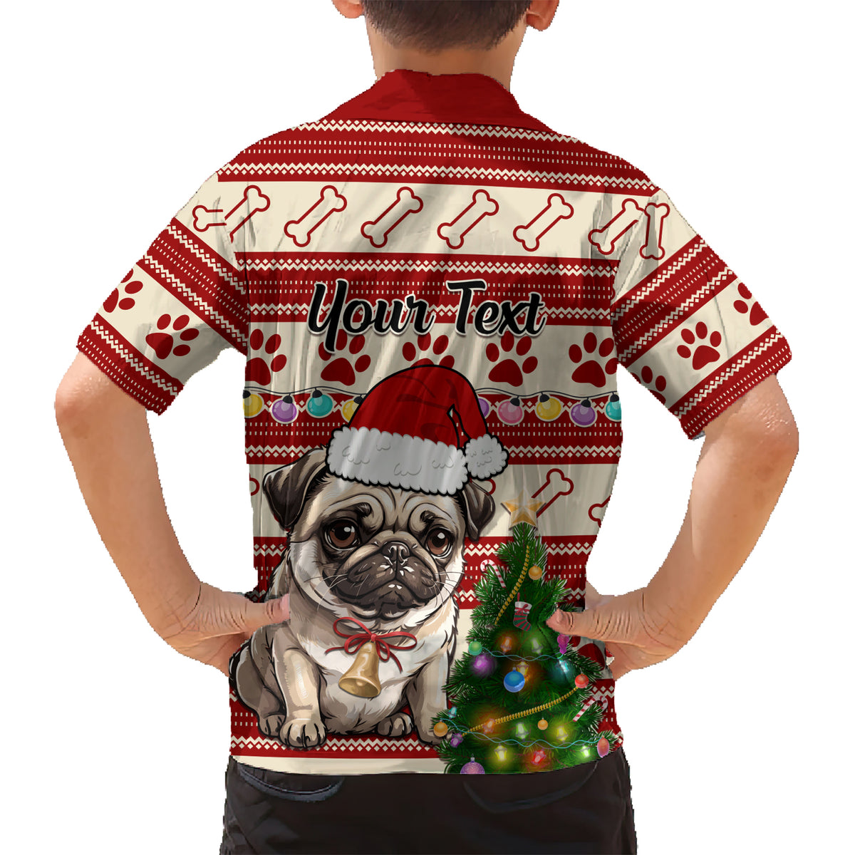 Custom Dog Christmas Family Matching Short Sleeve Bodycon Dress and Hawaiian Shirt Cute Pug Dog With Xmas Tree - Wonder Print Shop