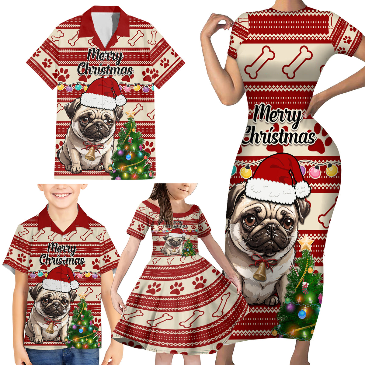 Custom Dog Christmas Family Matching Short Sleeve Bodycon Dress and Hawaiian Shirt Cute Pug Dog With Xmas Tree - Wonder Print Shop