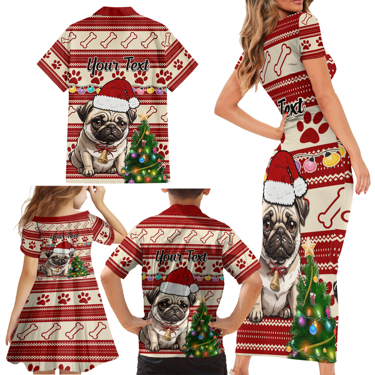 Custom Dog Christmas Family Matching Short Sleeve Bodycon Dress and Hawaiian Shirt Cute Pug Dog With Xmas Tree - Wonder Print Shop