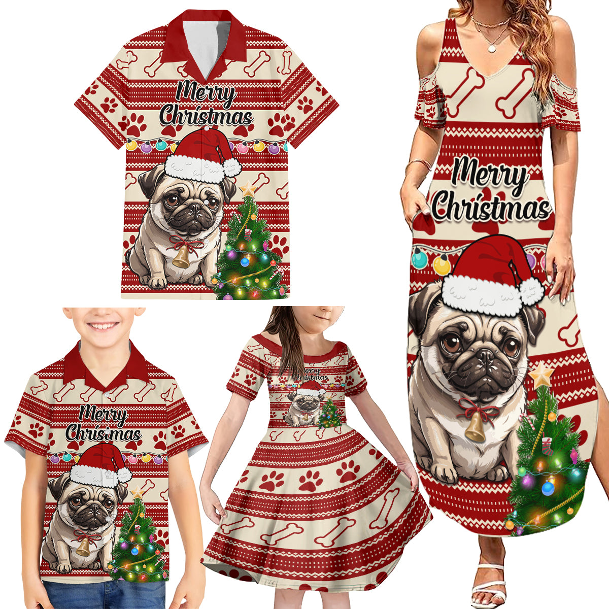 Custom Dog Christmas Family Matching Summer Maxi Dress and Hawaiian Shirt Cute Pug Dog With Xmas Tree - Wonder Print Shop