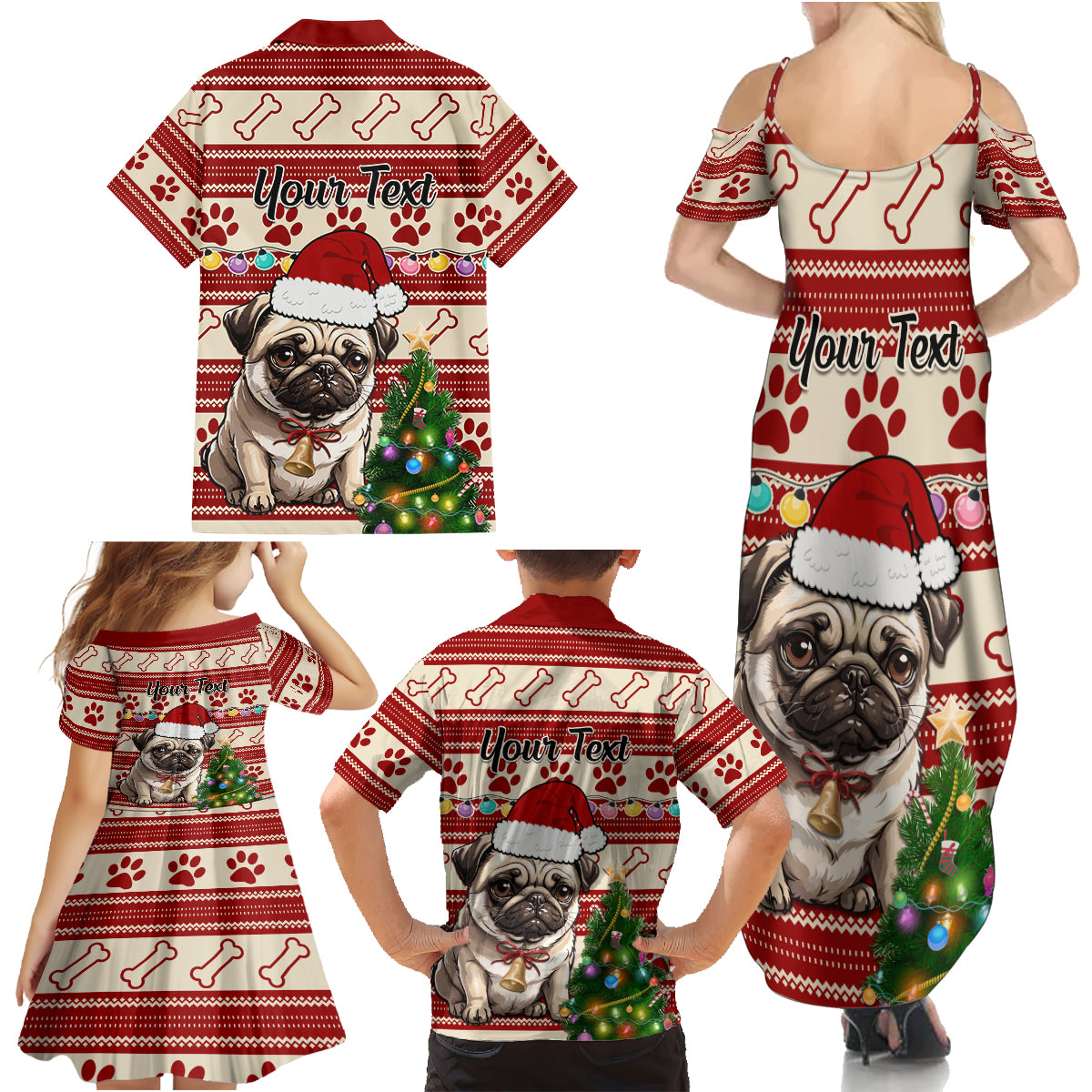 Custom Dog Christmas Family Matching Summer Maxi Dress and Hawaiian Shirt Cute Pug Dog With Xmas Tree - Wonder Print Shop