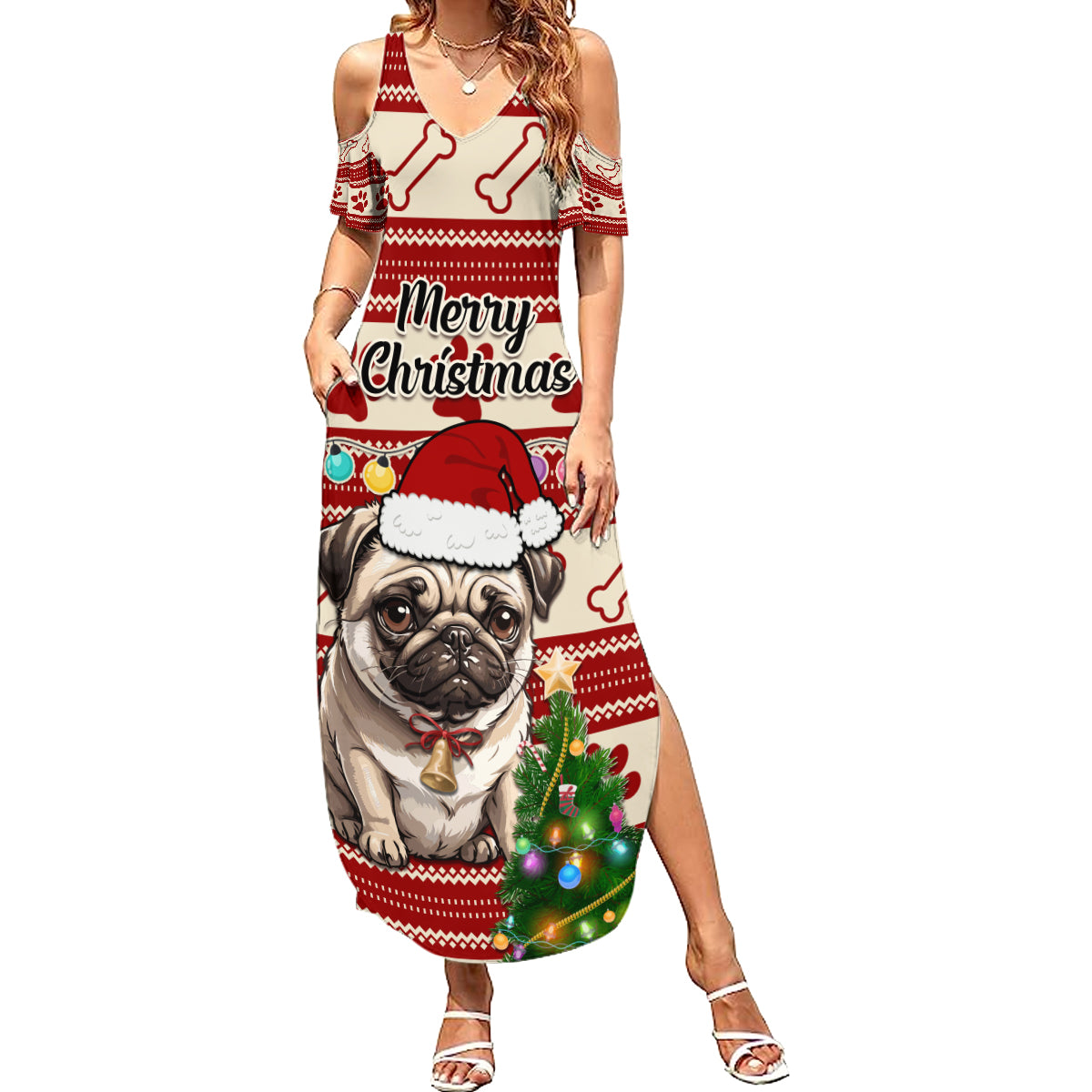 Custom Dog Christmas Family Matching Summer Maxi Dress and Hawaiian Shirt Cute Pug Dog With Xmas Tree - Wonder Print Shop