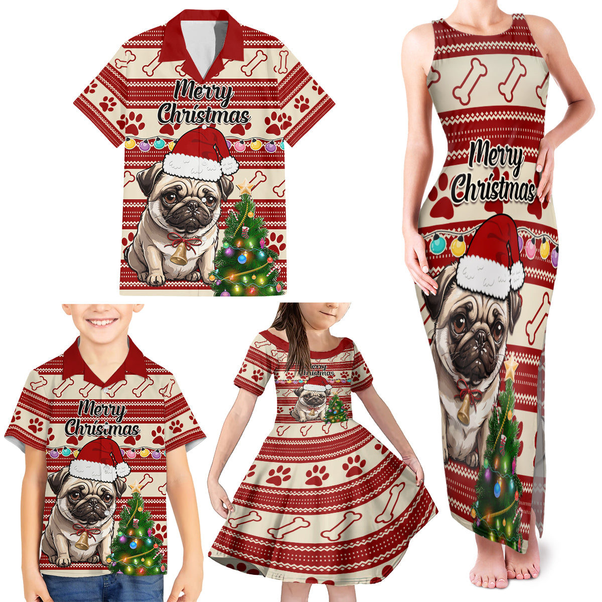 Custom Dog Christmas Family Matching Tank Maxi Dress and Hawaiian Shirt Cute Pug Dog With Xmas Tree - Wonder Print Shop