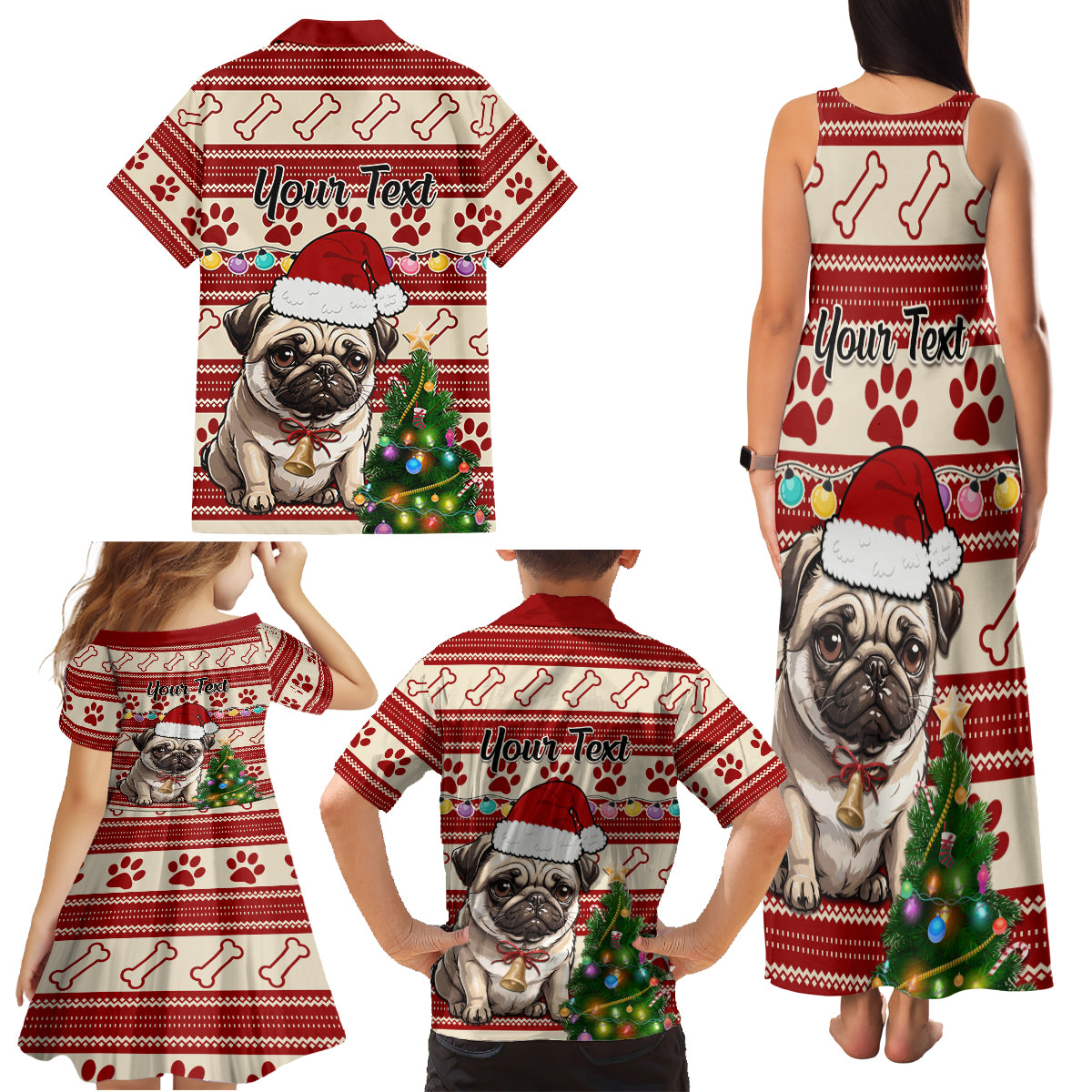 Custom Dog Christmas Family Matching Tank Maxi Dress and Hawaiian Shirt Cute Pug Dog With Xmas Tree - Wonder Print Shop
