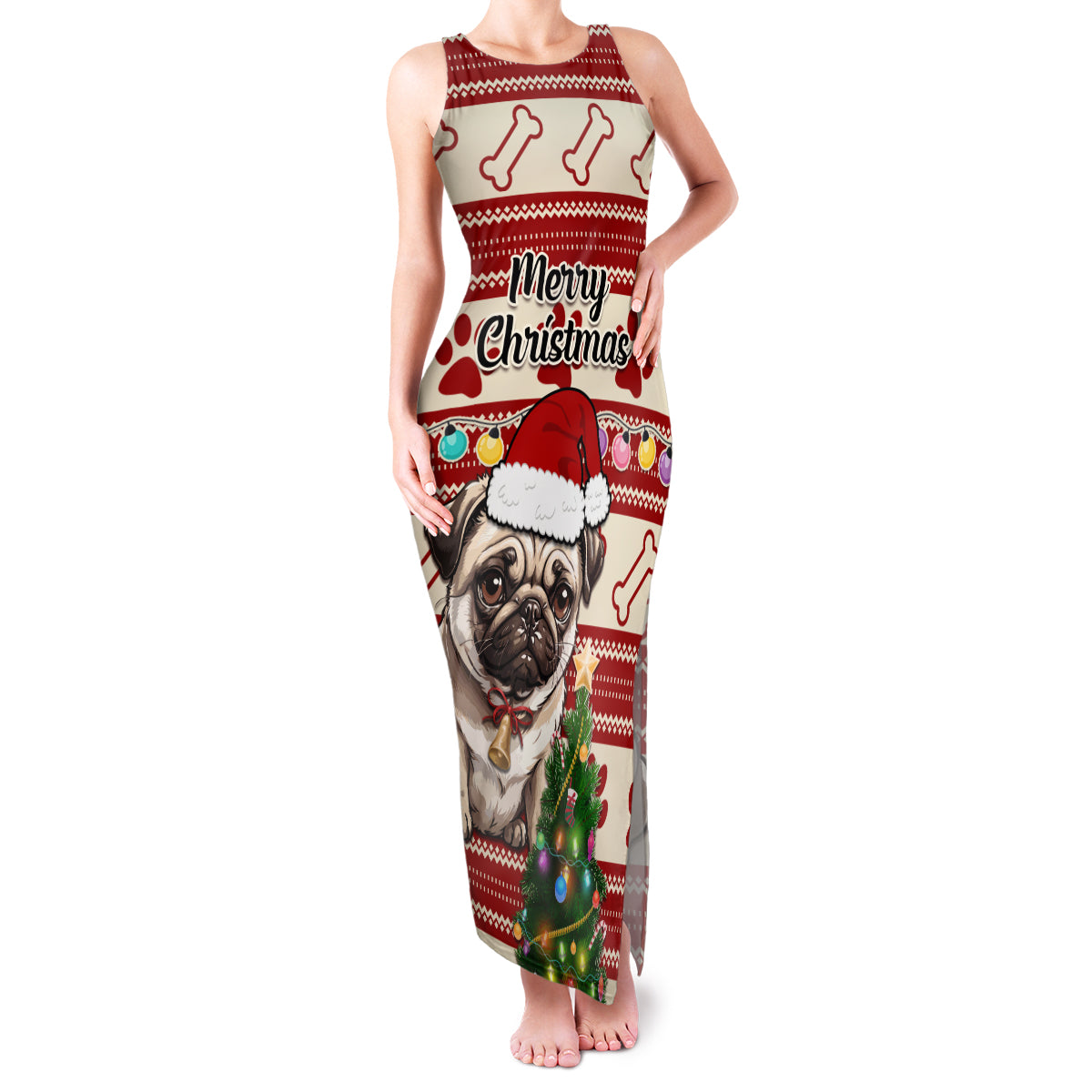 Custom Dog Christmas Family Matching Tank Maxi Dress and Hawaiian Shirt Cute Pug Dog With Xmas Tree - Wonder Print Shop