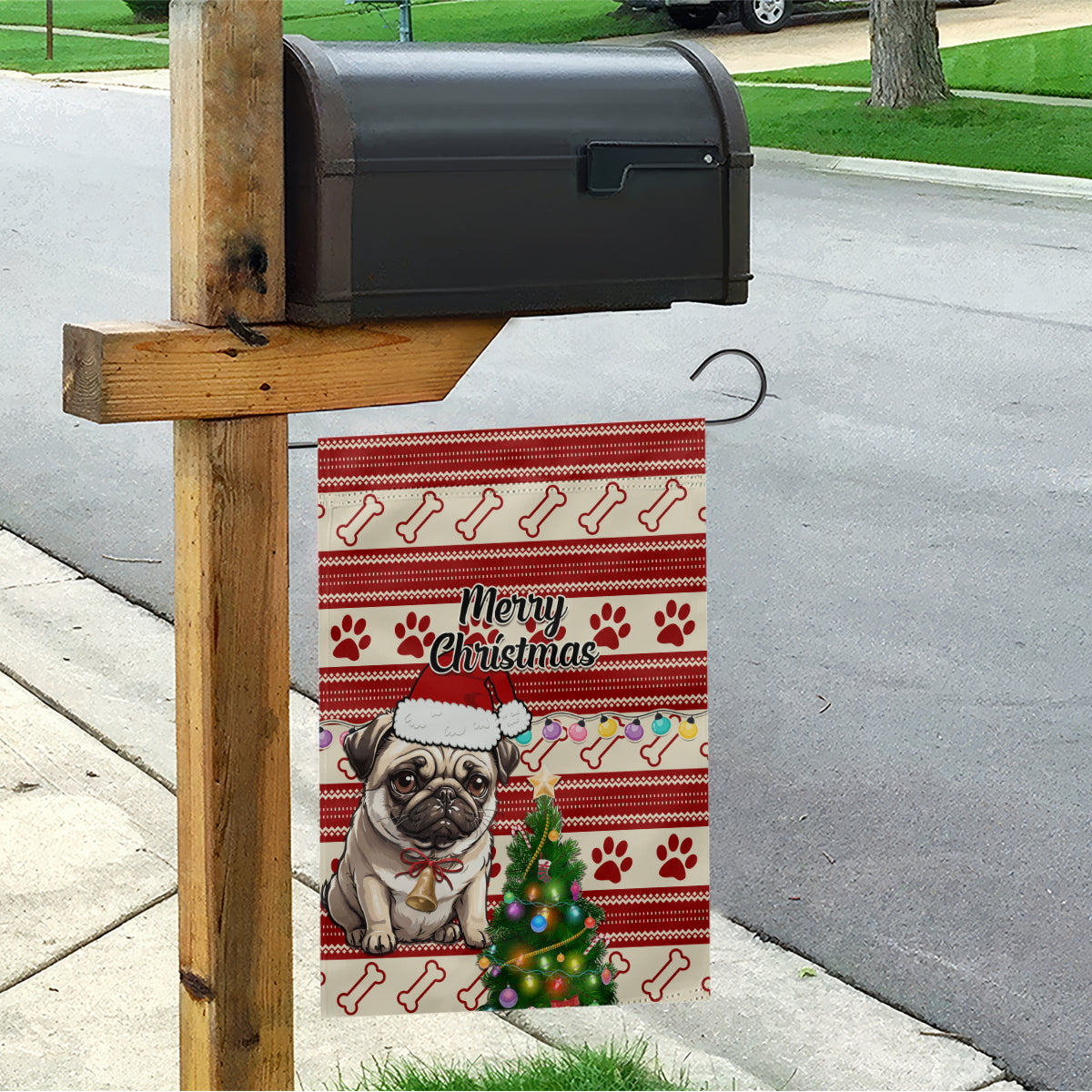 Custom Dog Christmas Garden Flag Cute Pug Dog With Xmas Tree - Wonder Print Shop