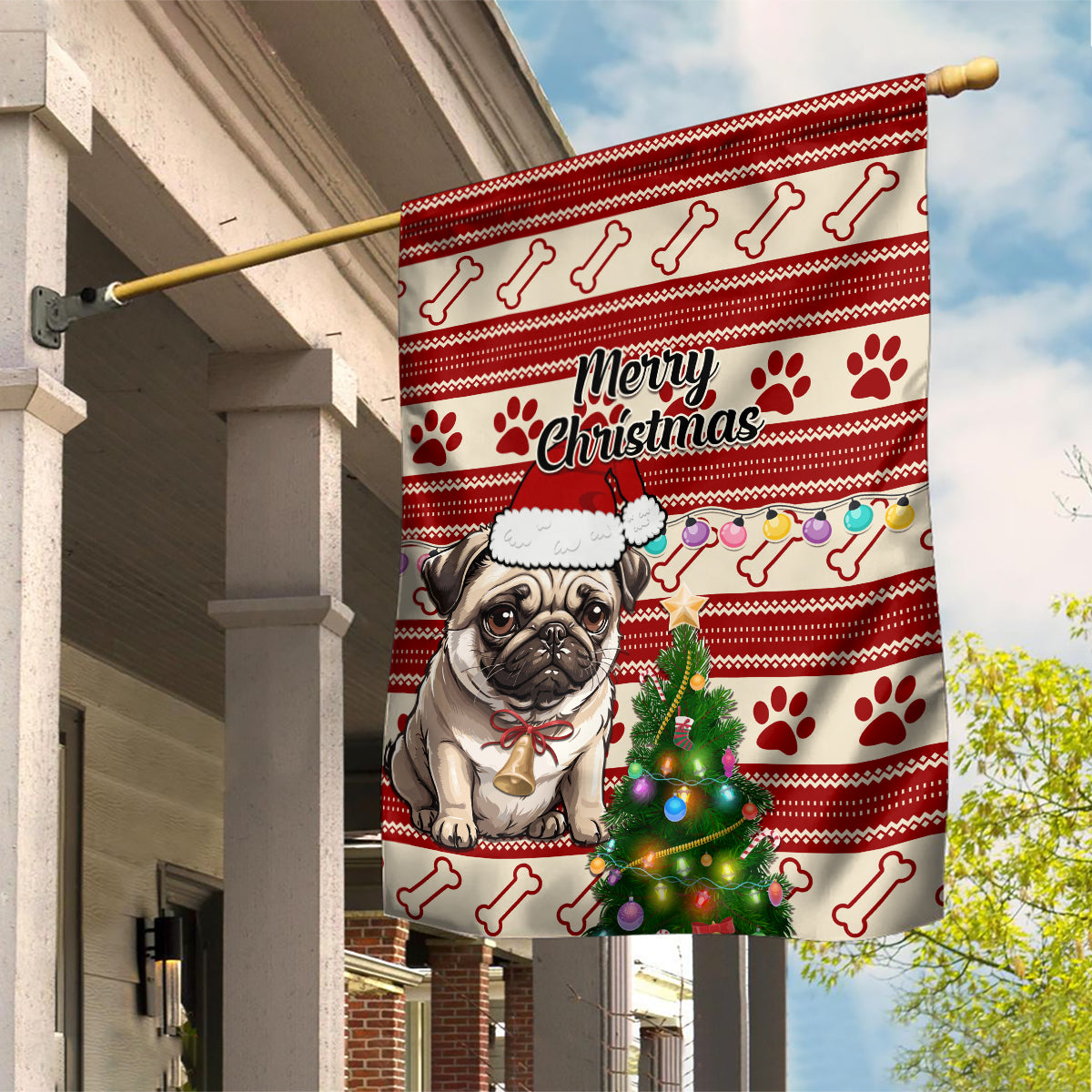 Custom Dog Christmas Garden Flag Cute Pug Dog With Xmas Tree - Wonder Print Shop