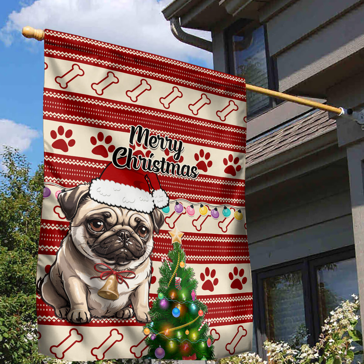 Custom Dog Christmas Garden Flag Cute Pug Dog With Xmas Tree - Wonder Print Shop