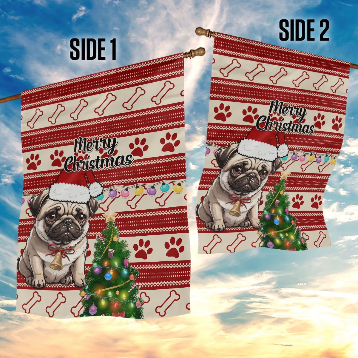 Custom Dog Christmas Garden Flag Cute Pug Dog With Xmas Tree - Wonder Print Shop
