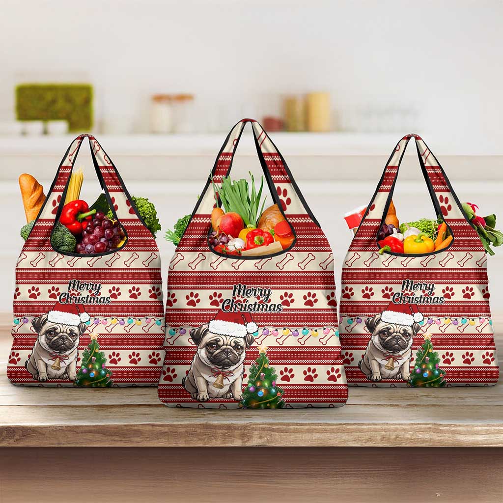 Custom Dog Christmas Grocery Bag Cute Pug Dog With Xmas Tree