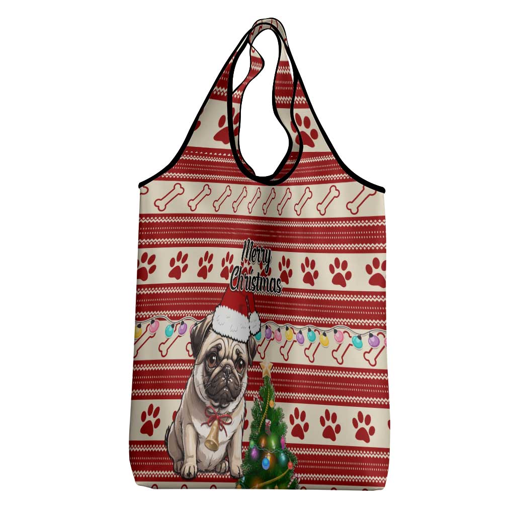 Custom Dog Christmas Grocery Bag Cute Pug Dog With Xmas Tree