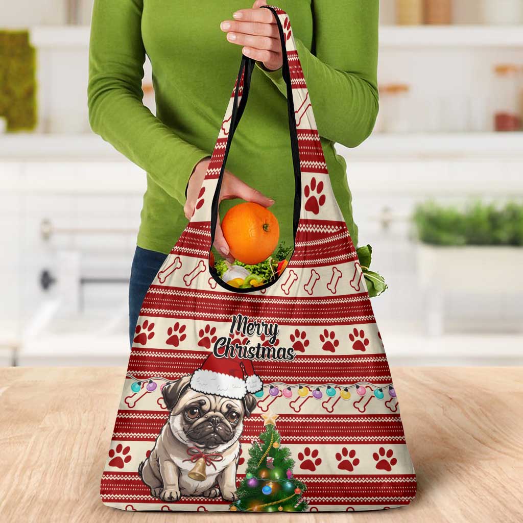 Custom Dog Christmas Grocery Bag Cute Pug Dog With Xmas Tree