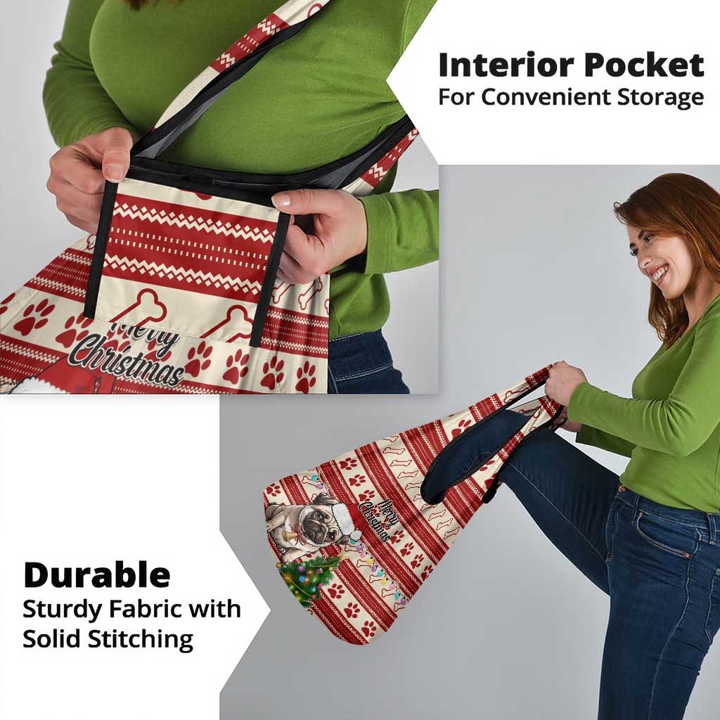 Custom Dog Christmas Grocery Bag Cute Pug Dog With Xmas Tree