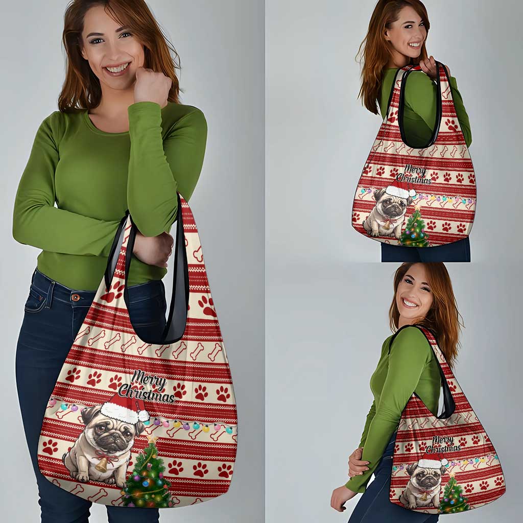 Custom Dog Christmas Grocery Bag Cute Pug Dog With Xmas Tree