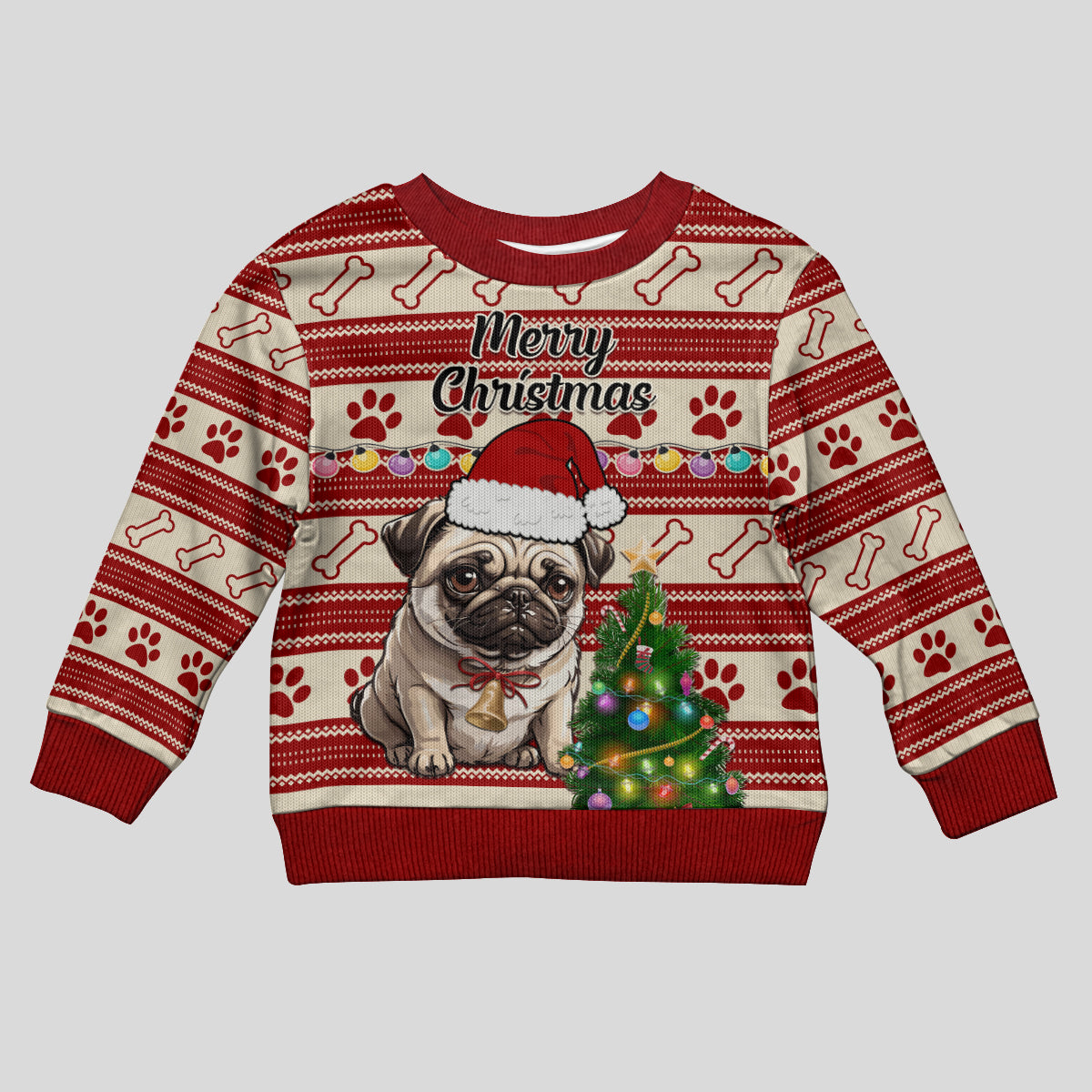 Custom Dog Christmas Kid Ugly Christmas Sweater Cute Pug Dog With Xmas Tree - Wonder Print Shop