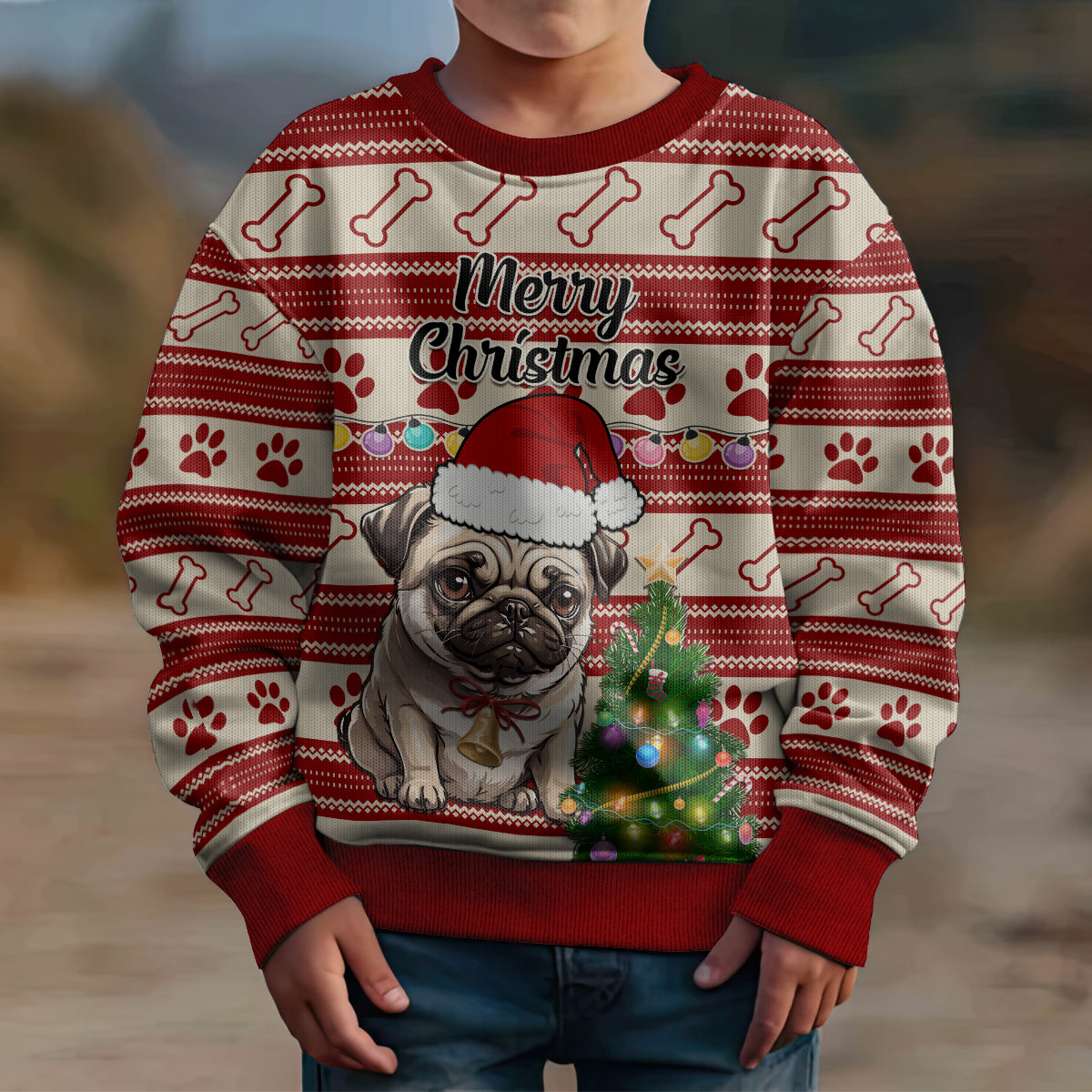 Custom Dog Christmas Kid Ugly Christmas Sweater Cute Pug Dog With Xmas Tree - Wonder Print Shop