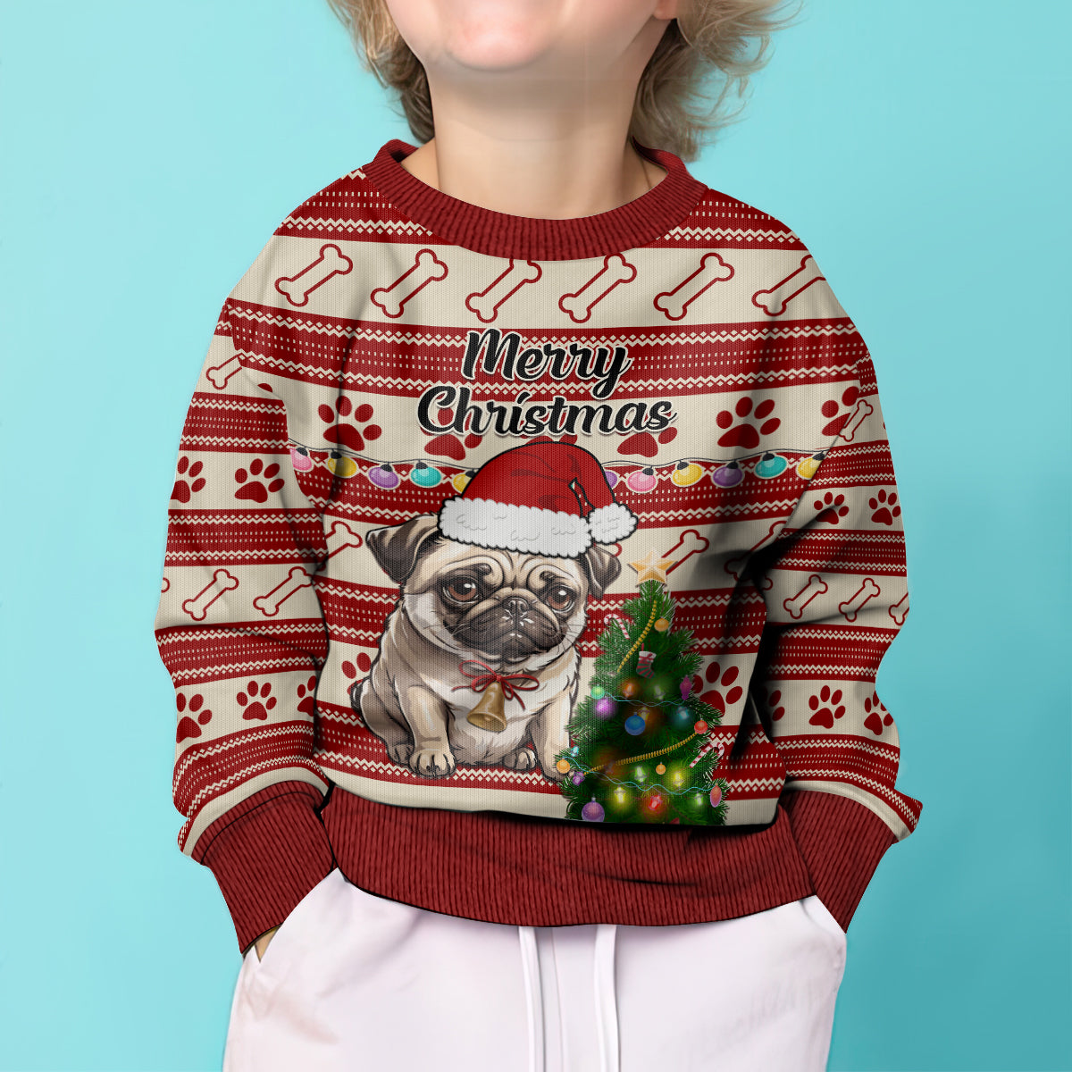 Custom Dog Christmas Kid Ugly Christmas Sweater Cute Pug Dog With Xmas Tree - Wonder Print Shop