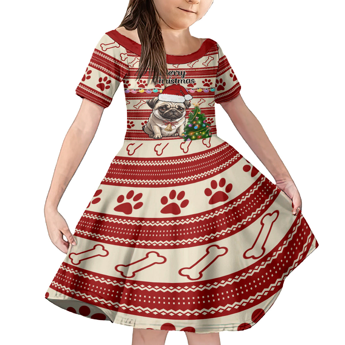 Custom Dog Christmas Kid Short Sleeve Dress Cute Pug Dog With Xmas Tree - Wonder Print Shop