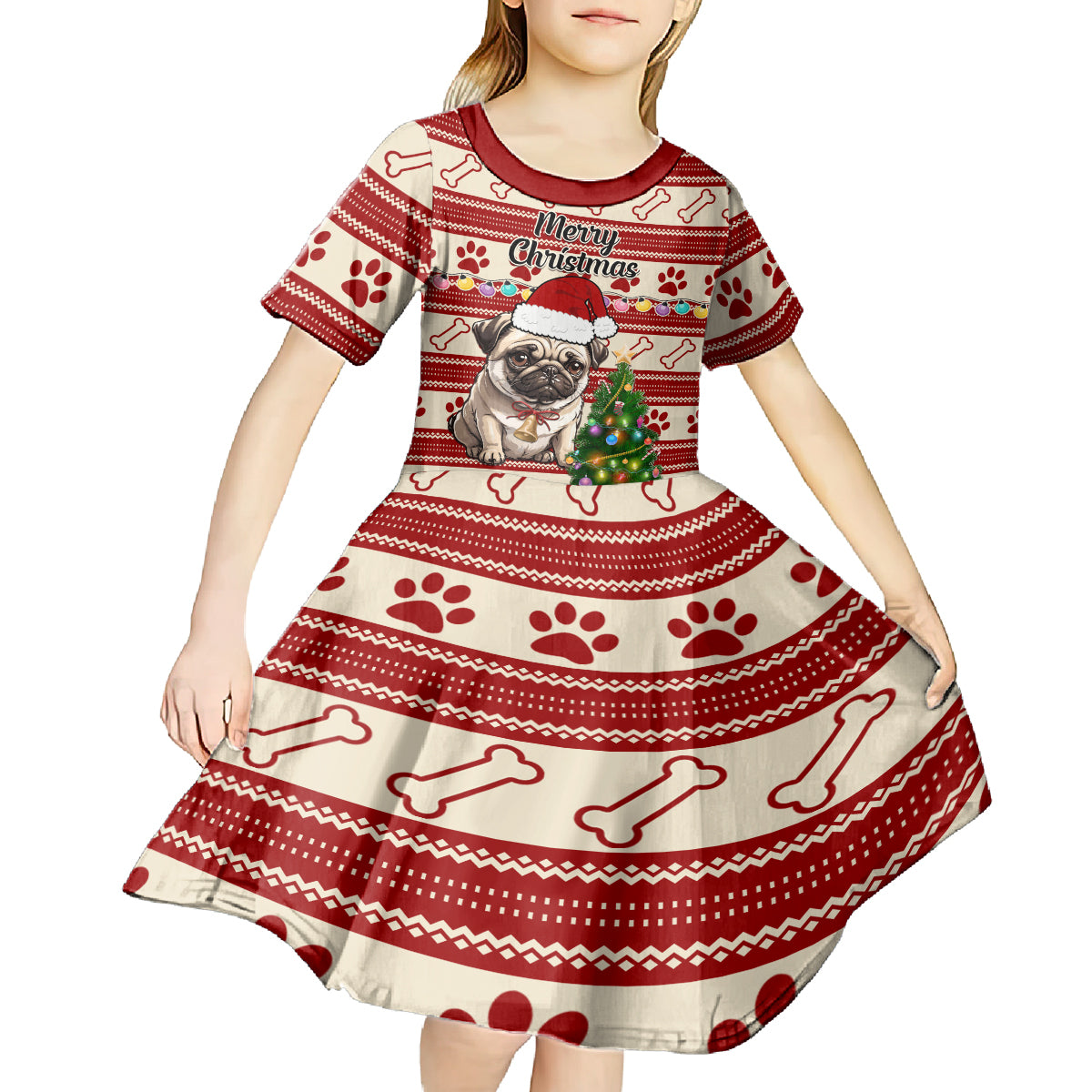 Custom Dog Christmas Kid Short Sleeve Dress Cute Pug Dog With Xmas Tree - Wonder Print Shop