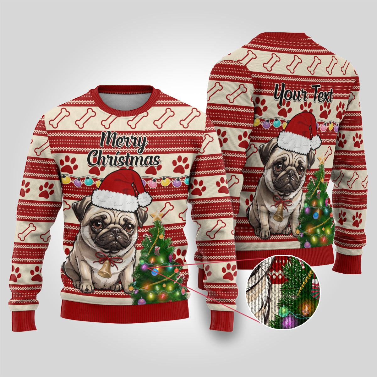 Custom Dog Christmas Ugly Christmas Sweater Cute Pug Dog With Xmas Tree - Wonder Print Shop