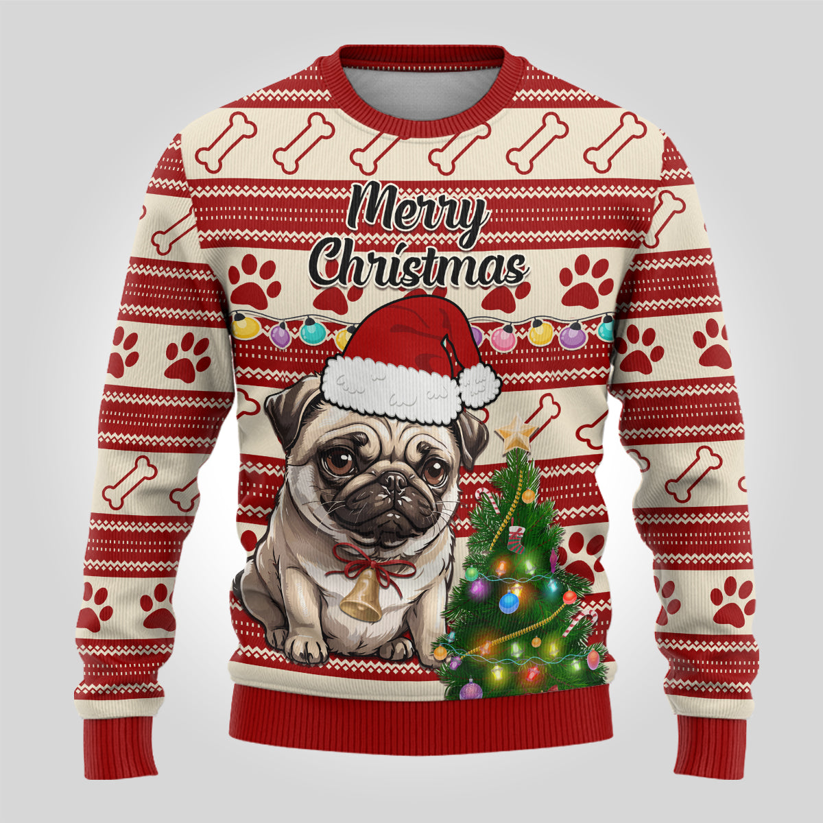 Custom Dog Christmas Ugly Christmas Sweater Cute Pug Dog With Xmas Tree - Wonder Print Shop
