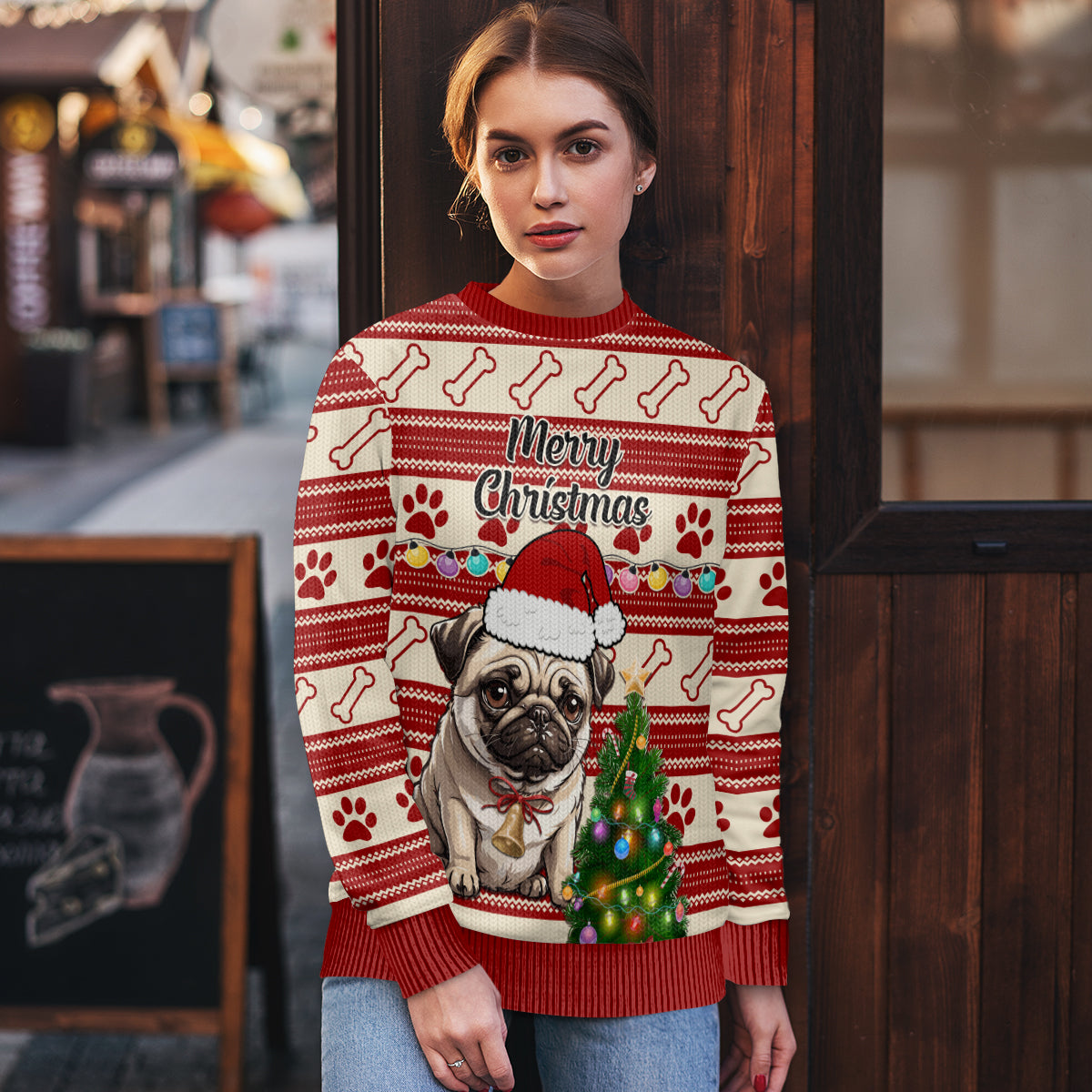 Custom Dog Christmas Ugly Christmas Sweater Cute Pug Dog With Xmas Tree - Wonder Print Shop