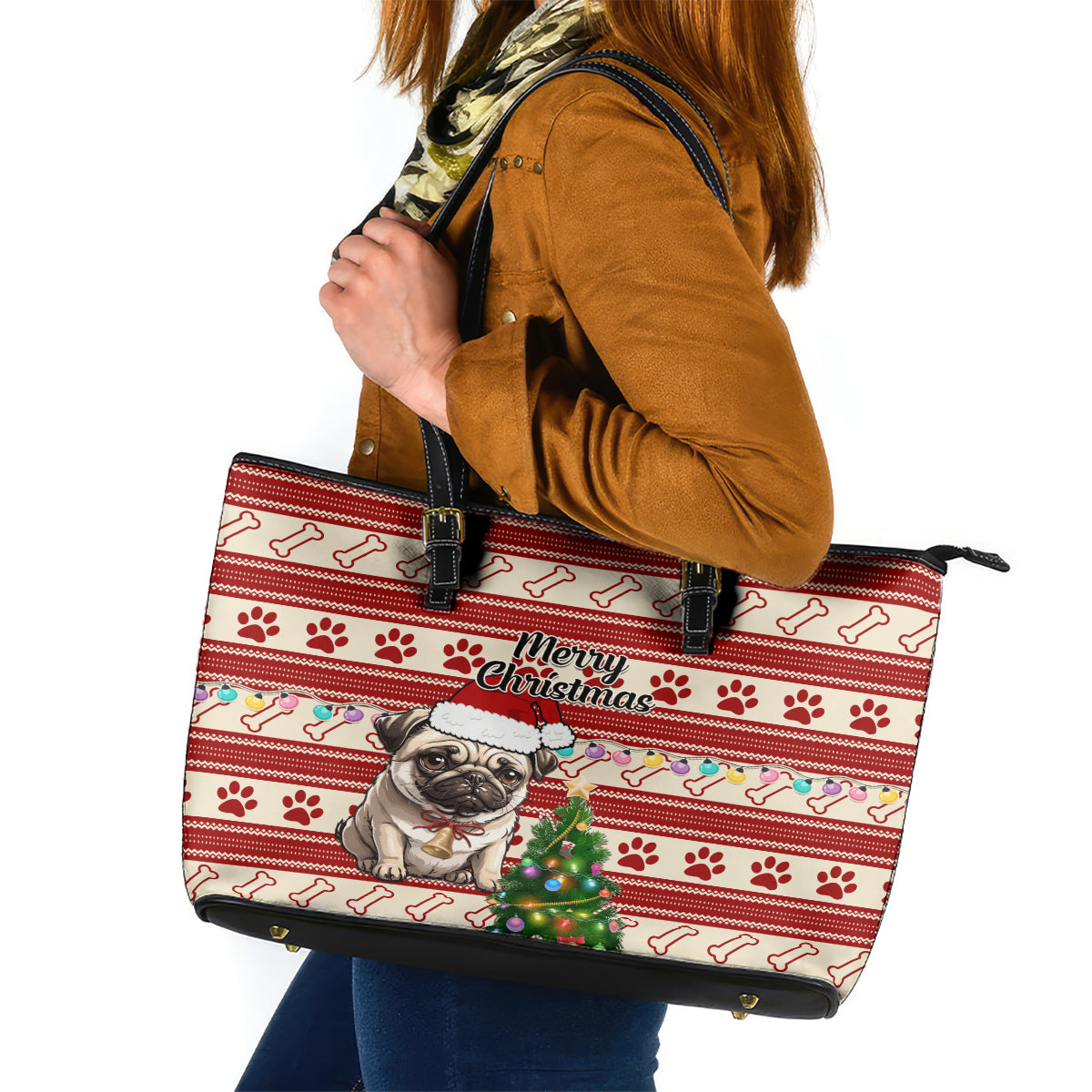 Custom Dog Christmas Leather Tote Bag Cute Pug Dog With Xmas Tree - Wonder Print Shop