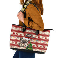 Custom Dog Christmas Leather Tote Bag Cute Pug Dog With Xmas Tree - Wonder Print Shop