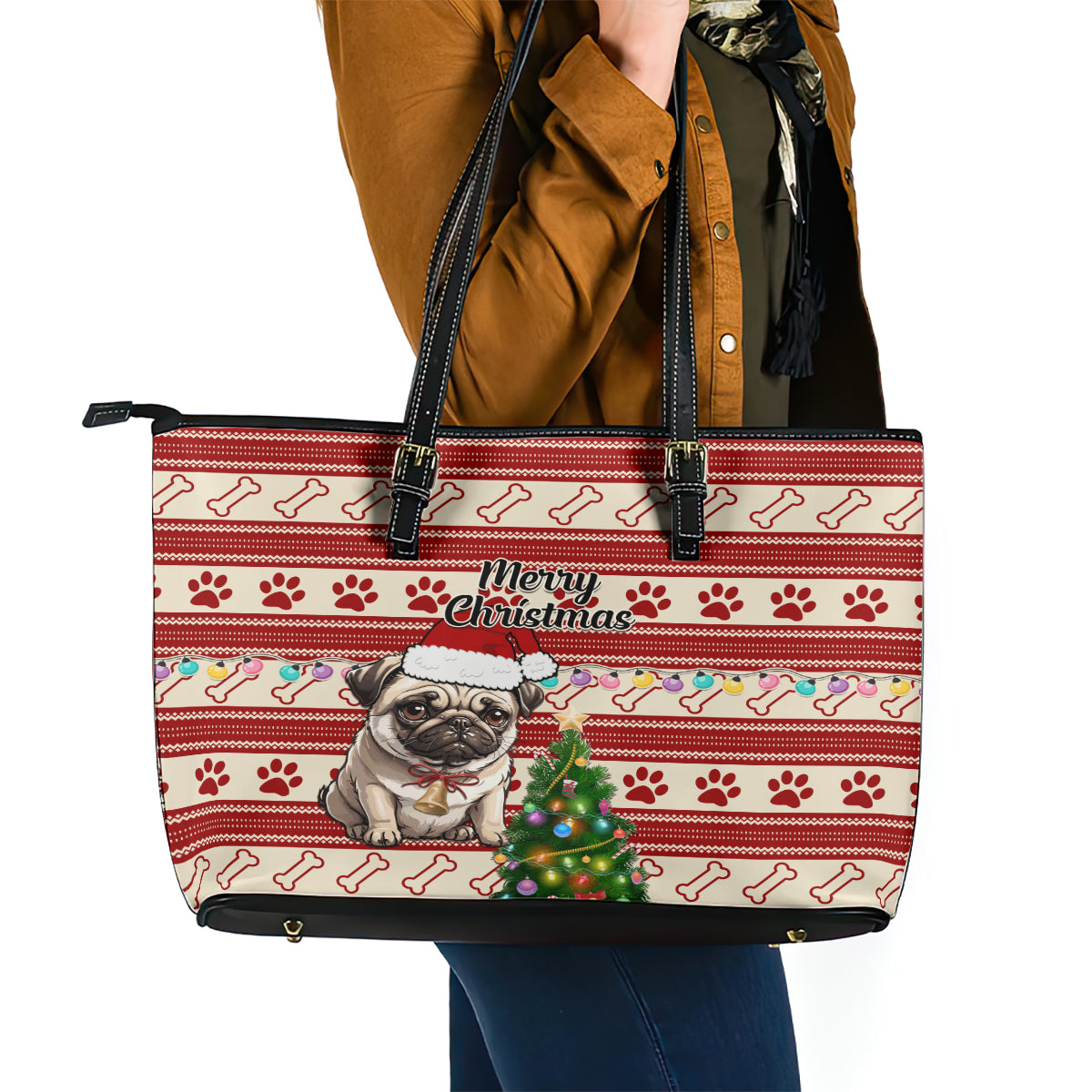 Custom Dog Christmas Leather Tote Bag Cute Pug Dog With Xmas Tree - Wonder Print Shop