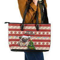 Custom Dog Christmas Leather Tote Bag Cute Pug Dog With Xmas Tree - Wonder Print Shop