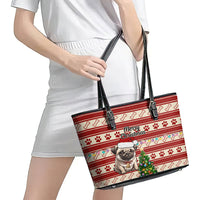 Custom Dog Christmas Leather Tote Bag Cute Pug Dog With Xmas Tree - Wonder Print Shop